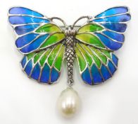 Silver plique-a-jour and pearl butterfly brooch stamped 925 Condition Report <a