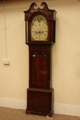 19th century figured mahogany longcase clock, enamel moon phase Arabic dial painted with birds,