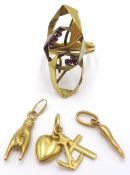 Three 18ct gold charms and a ruby set ring approx 7gm Condition Report <a