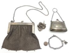 Silver chain-mail purse by S Blanckensee & Son Ltd Birmingham 1912, silver flower brooch,