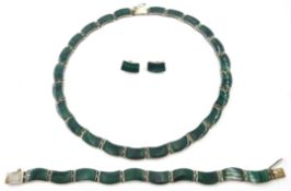 Silver malachite necklace, and bracelet both stamped 950 and matching clip on ear-rings