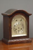 Early 20th century oak cased mantel clock, silvered dial with Arabic chapter ring,