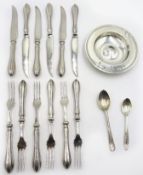 Silver Armada dish, teaspoon and coffee spoon approx 3oz and a set of six hors d'oeuvres knives