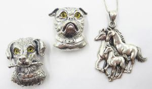Silver horses pendant necklace and two dog brooch/pendants all stamped 925 Condition
