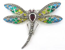 Silver plique-a-jour, marcasite and stone set dragonfly brooch stamped 925