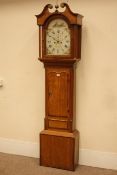 Early 19th century oak and mahogany banded longcase clock, swan neck pediment with finial,