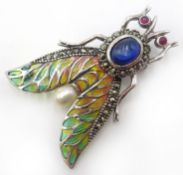 Silver plique-a-jour, marcasite and stone set flying insect brooch stamped 925