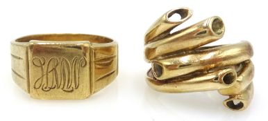 9ct gold signet ring hallmarked and a tubular ring tested to 9ct approx 10.