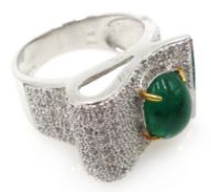 18ct gold cabachon emerald and pave set diamond ring stamped 750 Condition Report