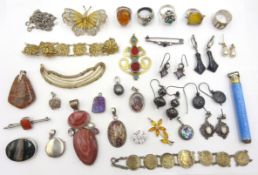 French silver-gilt hair clip, enamel case, pairs silver ear-rings, rings,