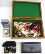 Dress ring, wristwatches, silver and costume jewellery in mahogany baize lined box