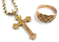 Victorian rose gold crucifix on chain stamped 9c and a similar gold ring approx 8.