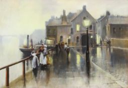 John Seery-Lester (British/American 1946-): Pier Road Whitby by Gaslight,