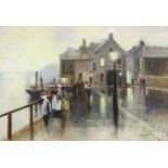 John Seery-Lester (British/American 1946-): Pier Road Whitby by Gaslight,