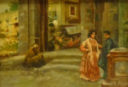 Vincenzo Migliaro (Italian 1858-1938): Figures in a Piazza, oil sketch on panel signed,