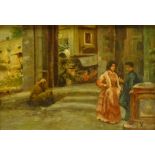Vincenzo Migliaro (Italian 1858-1938): Figures in a Piazza, oil sketch on panel signed,