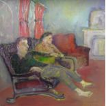 Nick Coley (British Contemporary): Couple Seated in the Living Room, oil on canvas signed,