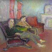 Nick Coley (British Contemporary): Couple Seated in the Living Room, oil on canvas signed,