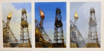 Don Micklethwaite (British 1936-): North Sea Oil Platform Industrial Triptych,