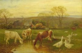 William Henderson of Whitby (British 1844-1904): Short Horn Cows watering with Geese at Goathland,