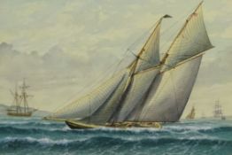 Peter Leath (British 1935-): Classic Yachts - Arrival of the US Yacht 'Westward' off Cowes July