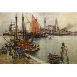 Frank Henry Mason (Staithes Group 1875-1965): Busy Dockland scene,