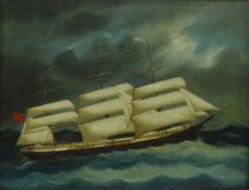 English School (19th/20th century): Ship's Portrait- three masted sailing ship in stormy seas,