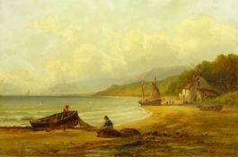 S Wilson (19th century): Shoreline with Fishermen mending Nets, oil on canvas signed and dated 1885,