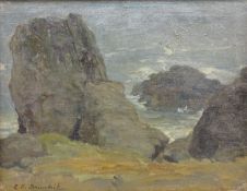 Reginald Grange Brundit (British 1883-1960): Rocks near Ravenscar, oil on canvas signed,
