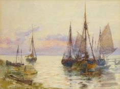 Frank (Frederick) William Scarborough (British 1860-1939): Fishing Boats at Sunset,