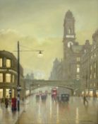 Steven Scholes (Northern British 1952-): 'Oxford Road Manchester 1958', oil on canvas signed,