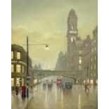 Steven Scholes (Northern British 1952-): 'Oxford Road Manchester 1958', oil on canvas signed,