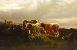 William Perring Hollyer (British 1834-1922): 'Sunshine and Mist' - Highland Cattle in Upland