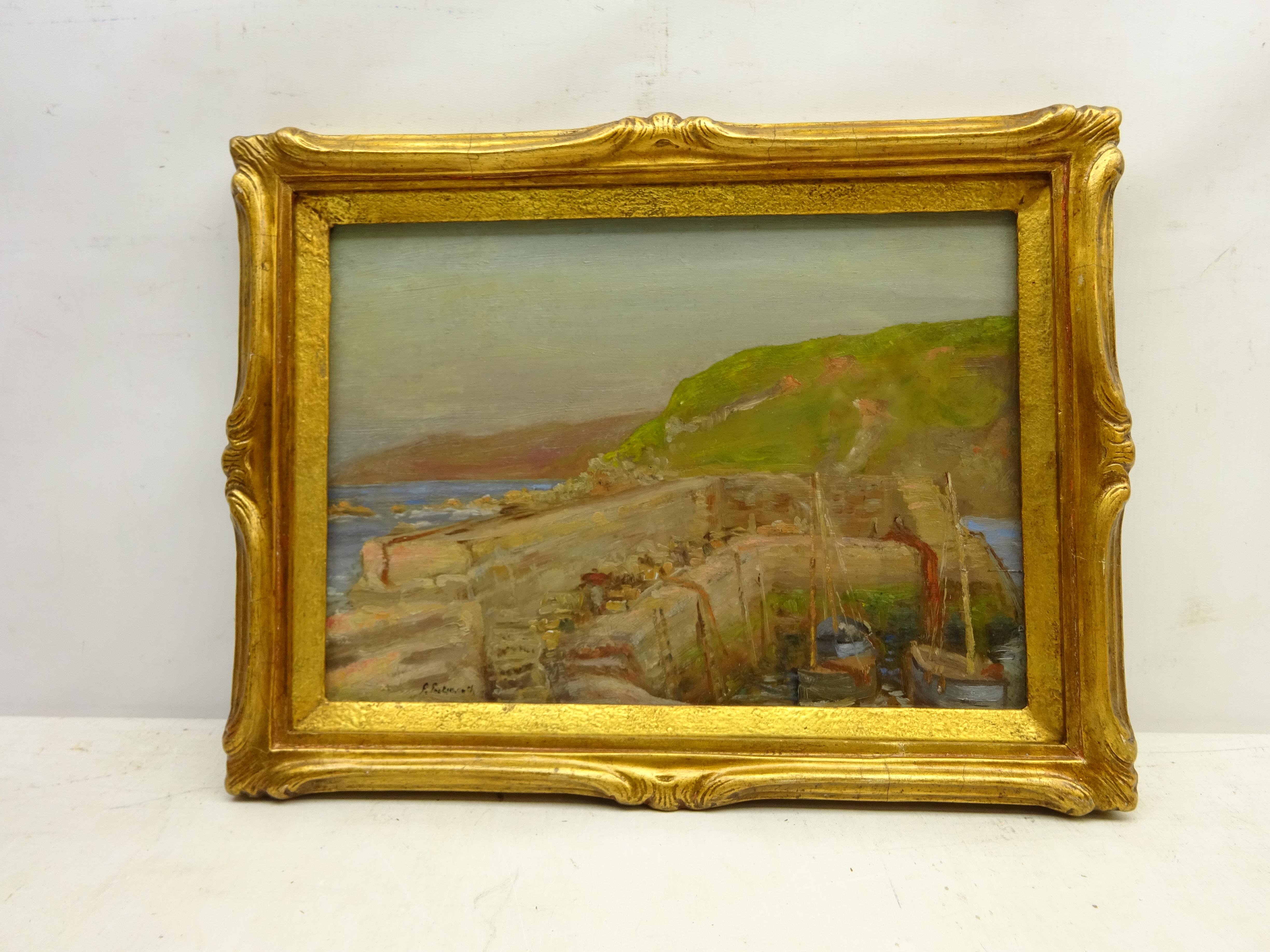 Percy Herbert Portsmouth (British 1874-1953): 'Cockburnspath Cove Harbour', oil on panel signed, - Image 2 of 4