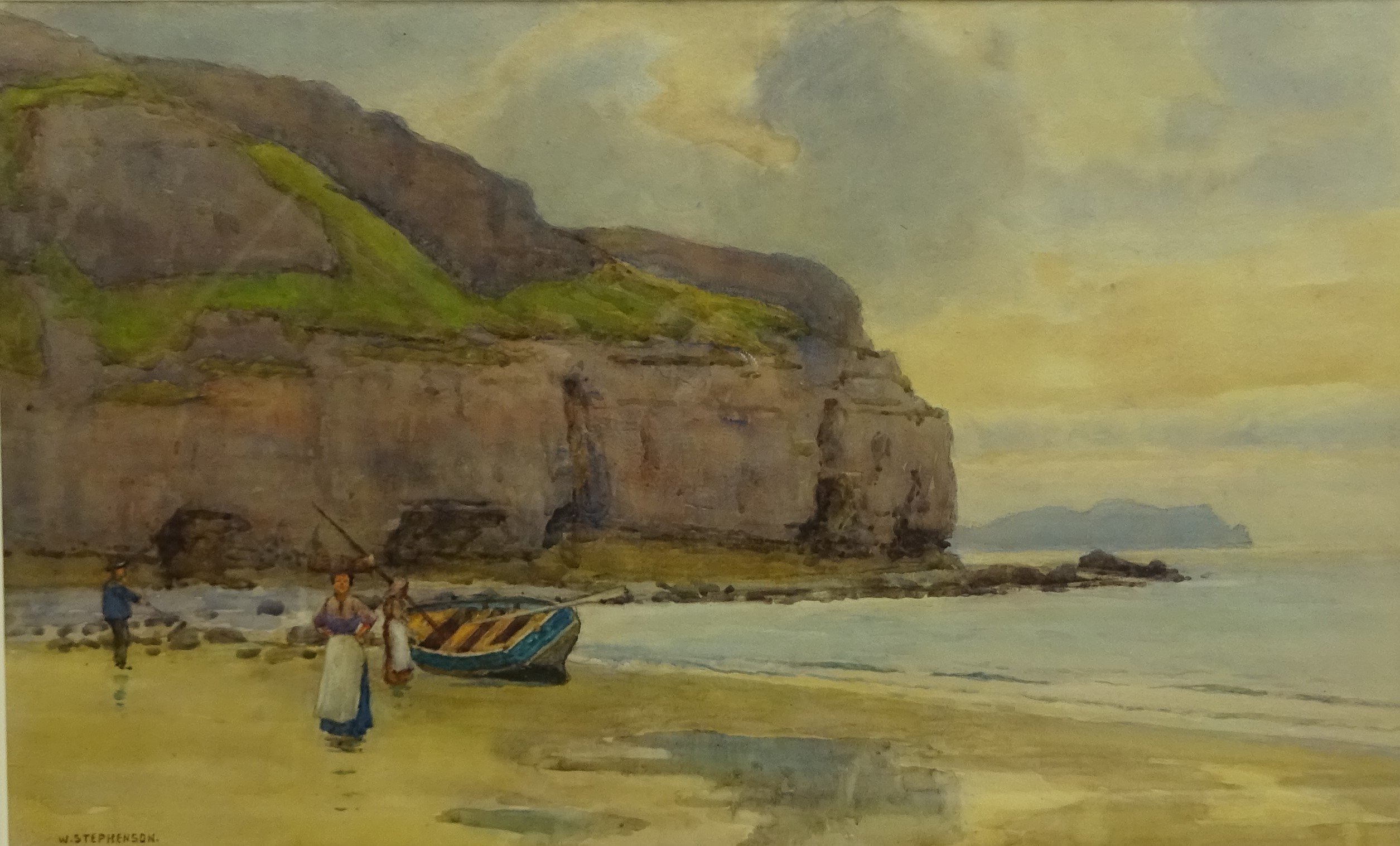 Willie Stephenson (British 1857-1938): Coastal Beach scene with Figures and Rowing Boat,