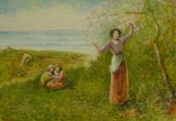 James Andrew McColvin (British c1860- after 1930): Coastal scene with Girls picking Blossom,