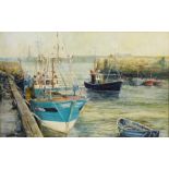 David Biglands (Northern British late 20th century): Fishing Boats in Whitby Harbour,
