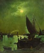 Walter Linsley Meegan (British c1860-1944): Busy Estuary scene by Moonlight,