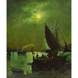 Walter Linsley Meegan (British c1860-1944): Busy Estuary scene by Moonlight,