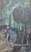 Nick Coley (British Contemporary): Masked Figure in the Forest, oil on canvas signed,