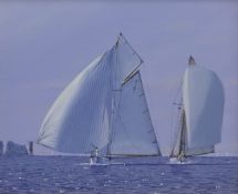 James Miller (British 1962-): Classic Yachts - 'Mariquita & Tuiga breezing past the Needles',
