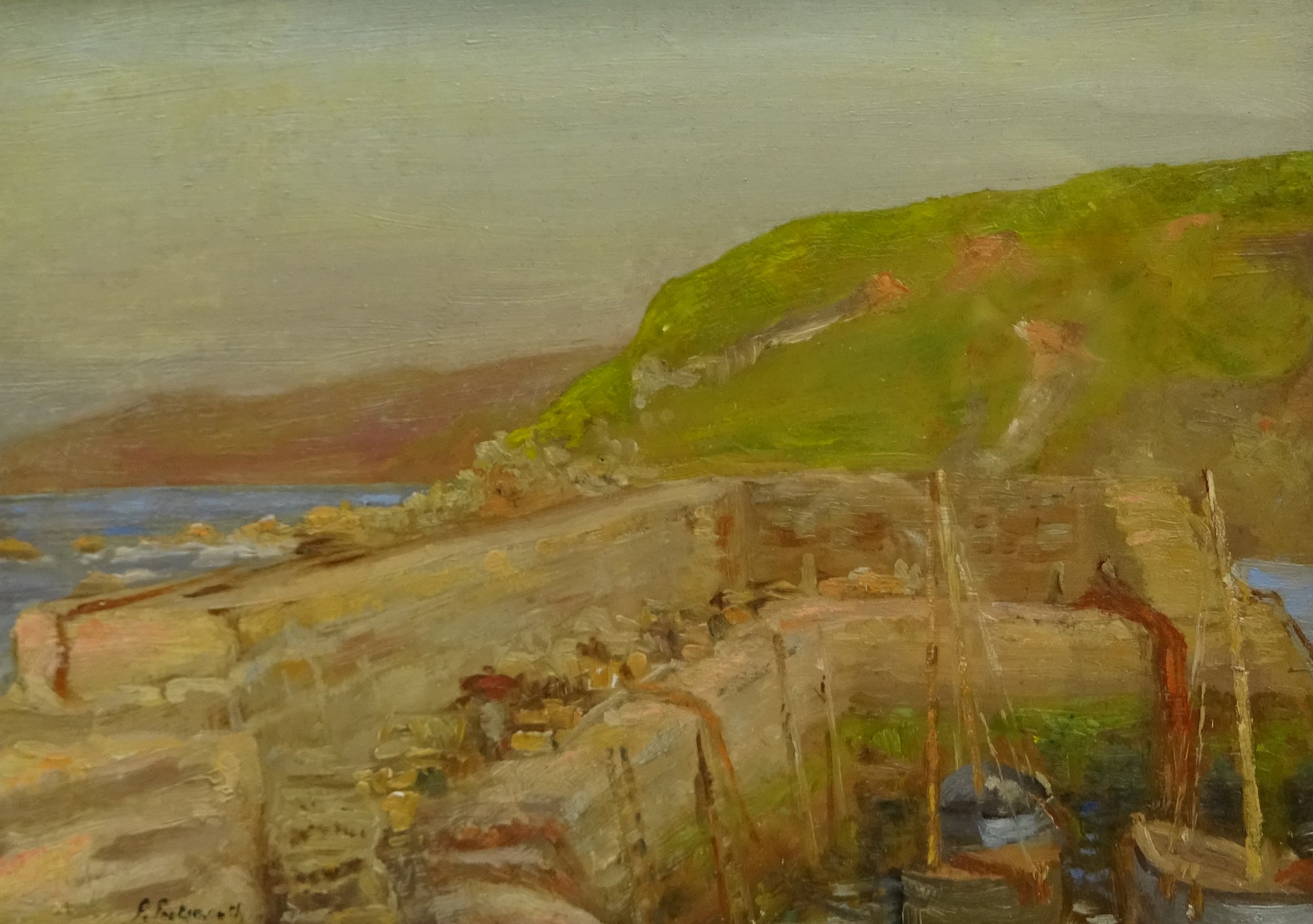 Percy Herbert Portsmouth (British 1874-1953): 'Cockburnspath Cove Harbour', oil on panel signed,