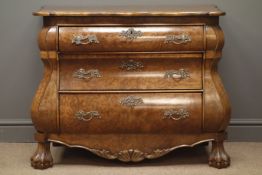 Late 19th century Dutch walnut burr bombe chest, three graduating drawers, shaped and carved apron,