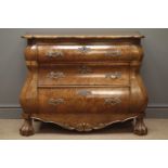 Late 19th century Dutch walnut burr bombe chest, three graduating drawers, shaped and carved apron,