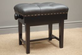 Adjustable piano stool, deeply buttoned upholstered top, studded detail,