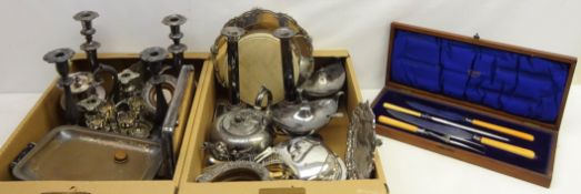 Pair Adams style silver-plate sauce tureens, pairs of candlesticks, card waiter, bread board,