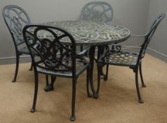 Black finish circular wrought metal garden table with four matching armchairs, D125cm,