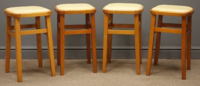 Set four late 20th century beech framed stools with upholstered seats,