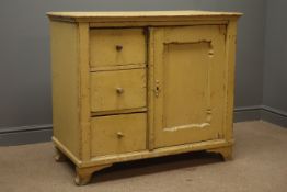 Early 19th century pine side cabinet, three drawers and panelled cupboard, enclosing two shelves,