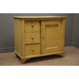 Early 19th century pine side cabinet, three drawers and panelled cupboard, enclosing two shelves,